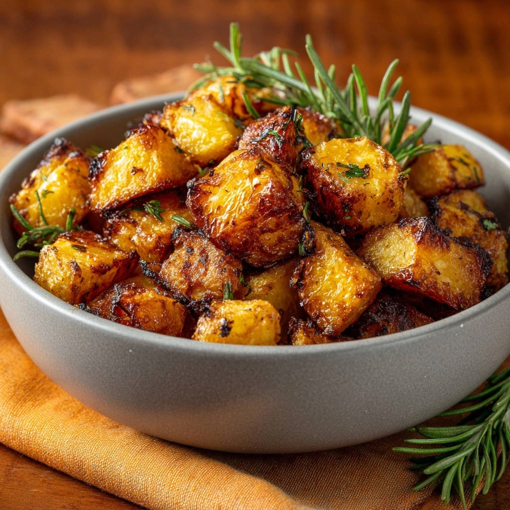 Crispy rosemary roasted potatoes in a grey bowl, showing the golden-brown texture and fresh rosemary garnish.