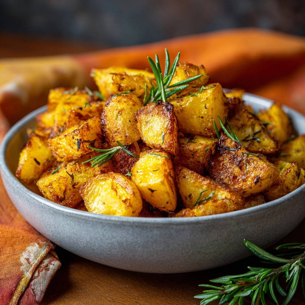 Crispy rosemary roasted potatoes served in a bowl, garnished with fresh rosemary sprigs on top.