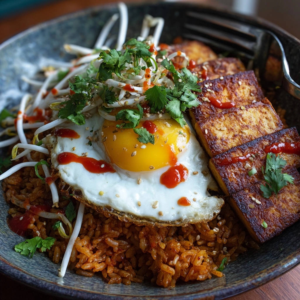Crispy tofu fried rice featuring a sunny-side-up egg, golden tofu cubes, and fresh garnishes.