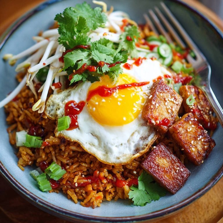 Crispy tofu fried rice with a fried egg, bean sprouts, and cilantro topping, drizzled with sriracha.