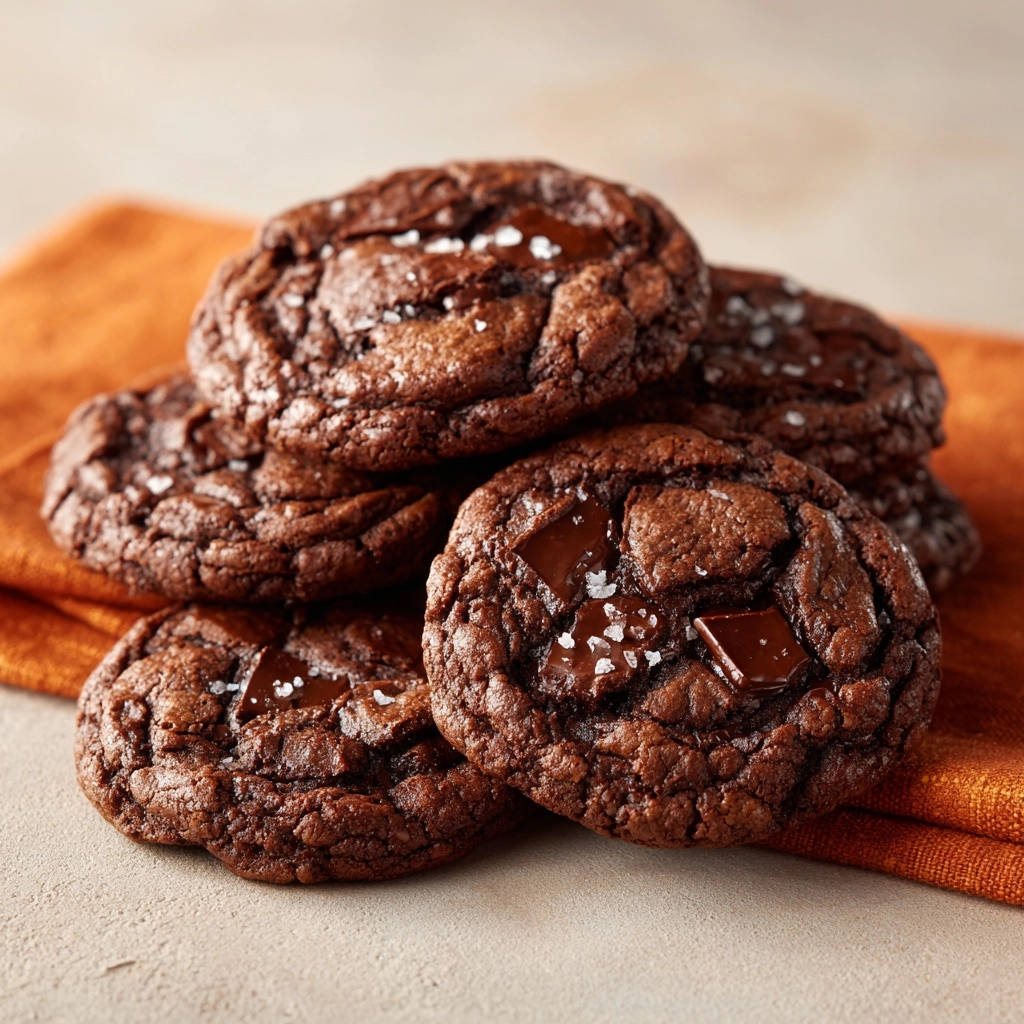 Double chocolate sea salt cookies are piled high on an orange napkin, showcasing their rich texture and flaky sea salt.