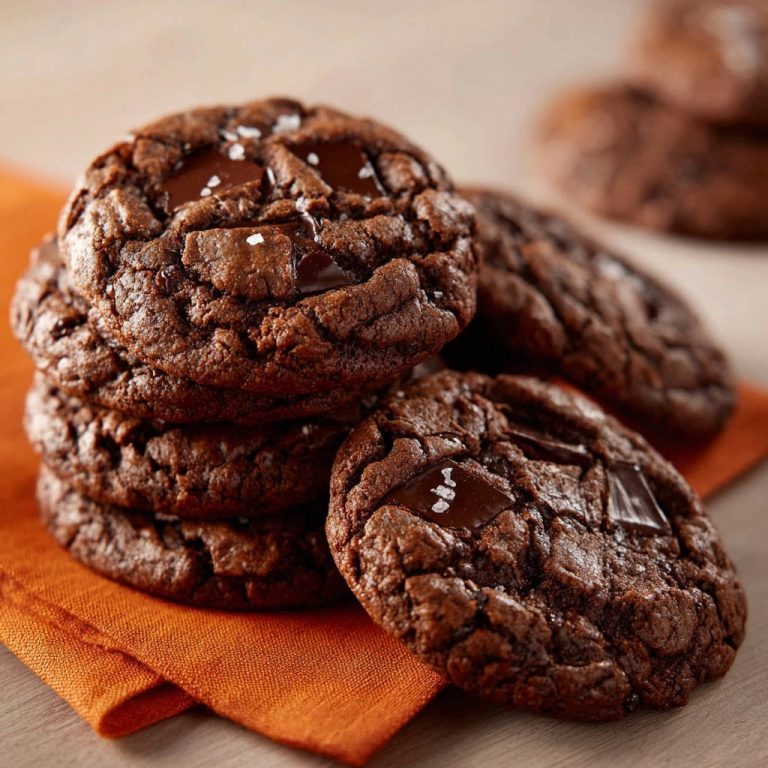 Double chocolate sea salt cookies stacked on an orange napkin, showcasing their chewy texture and chocolate chunks.