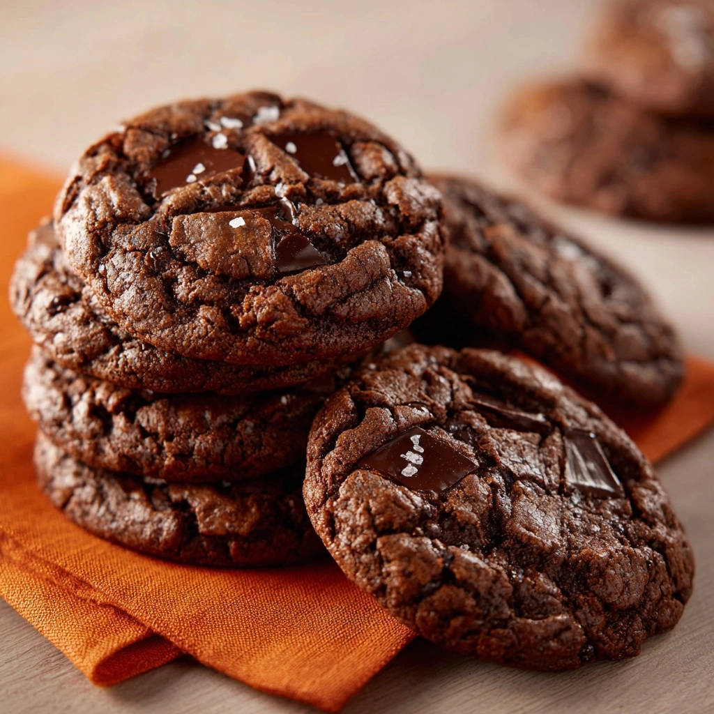 Double chocolate sea salt cookies stacked on an orange napkin, showcasing their chewy texture and chocolate chunks.