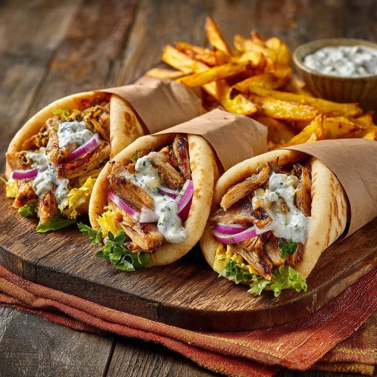 Easy homemade chicken gyros, three wrapped in pita bread with fries and tzatziki sauce on the side.