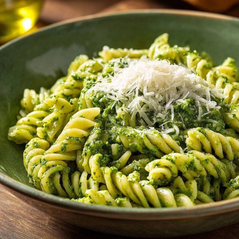 Easy pesto pasta with fusilli noodles, coated in vibrant green pesto and topped with a generous sprinkle of shredded parmesan cheese.