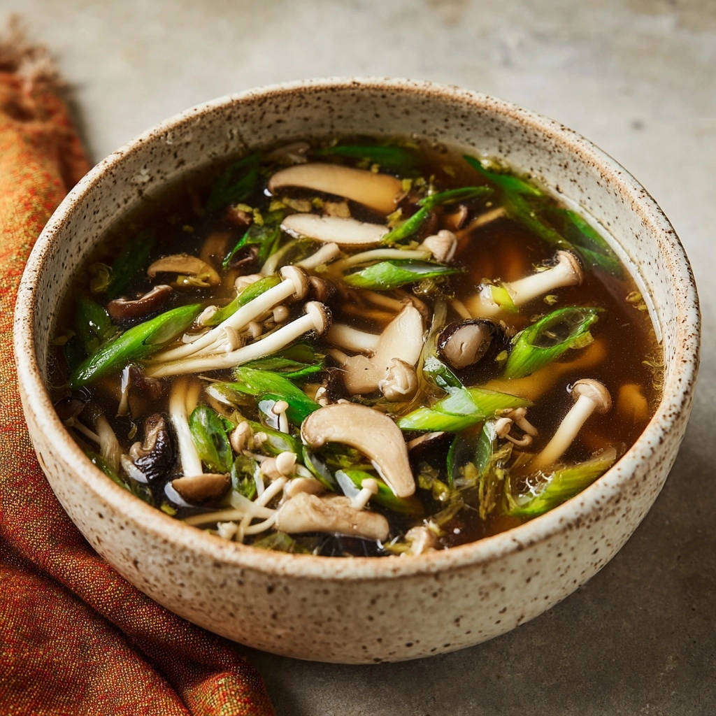 Easy umami mushroom soup shown in a rustic bowl, featuring a close-up view of the rich broth filled with assorted mushrooms and green onions.