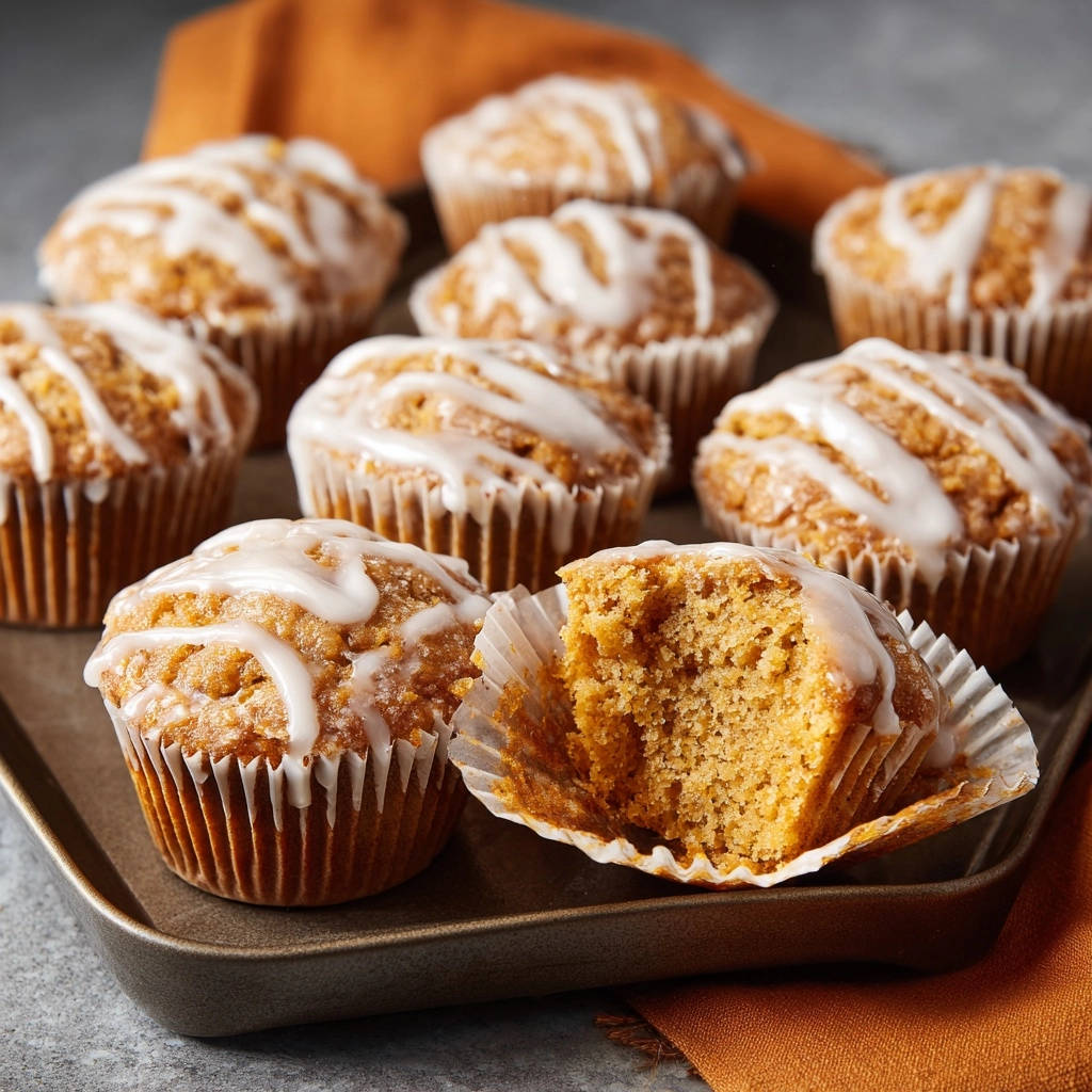 Glazed carrot muffins, one broken open to show the moist, textured interior and drizzled glaze.