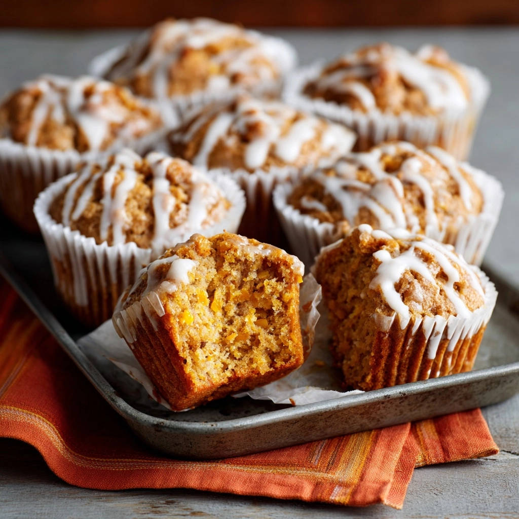 Amazing glazed carrot muffins shown in a close-up cross-section revealing their moist, textured interior.