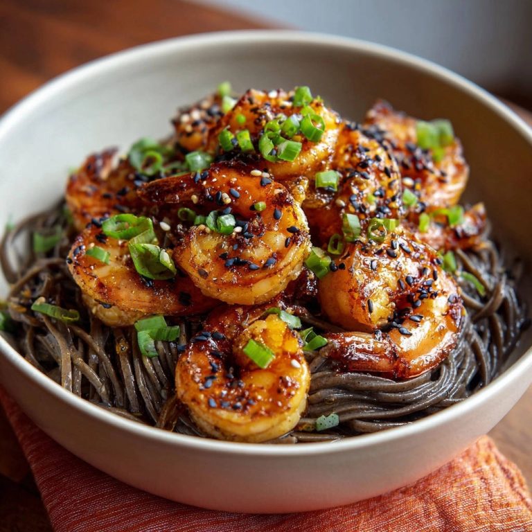 Glazed garlic shrimp and soba noodles shown in a close-up view, topped with fresh green onions and sesame seeds.