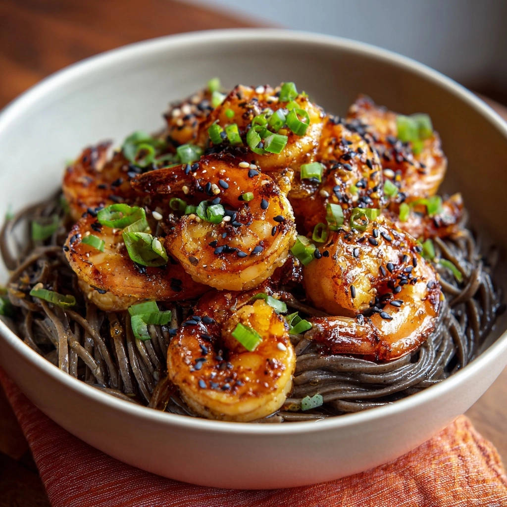 Glazed garlic shrimp and soba noodles shown in a close-up view, topped with fresh green onions and sesame seeds.