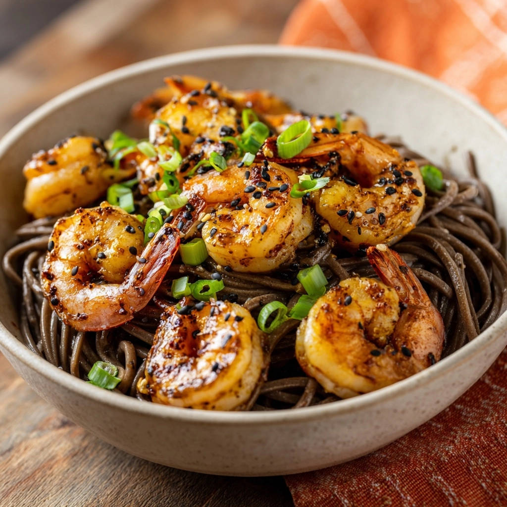 Glazed garlic shrimp and soba noodles topped with sesame seeds and chopped green onions