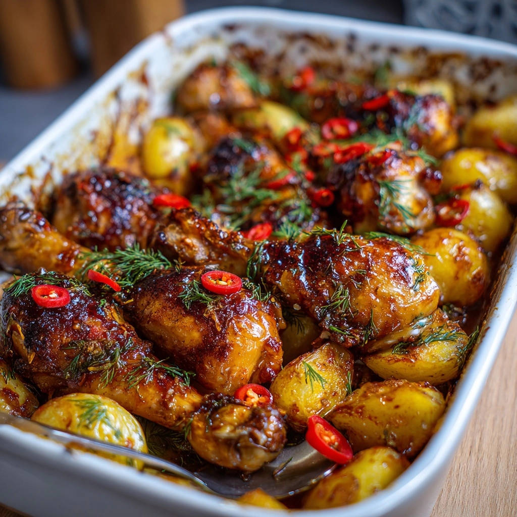 Glazed herb chicken and potatoes served in a white baking dish, garnished with fresh dill and sliced red chilies.