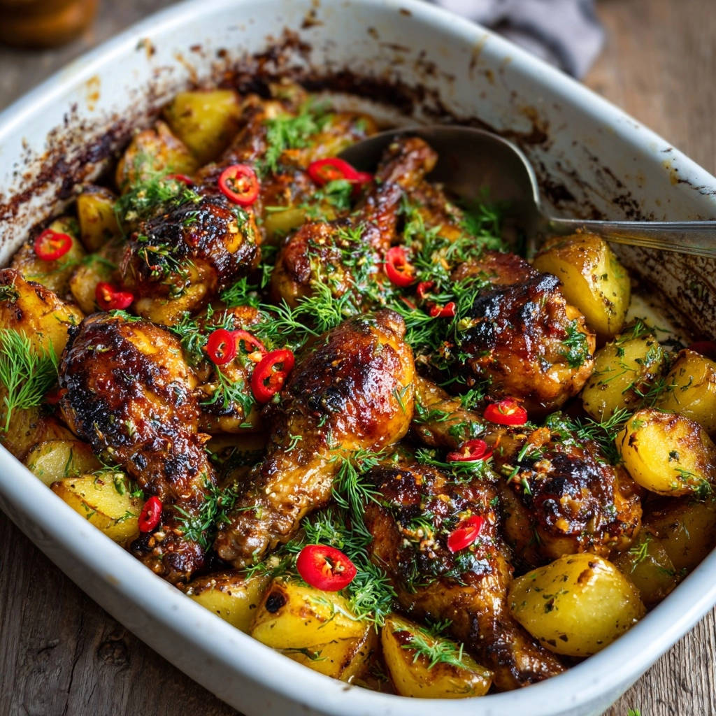 Glazed herb chicken and potatoes with a close-up view showcasing fresh dill and chili garnish.