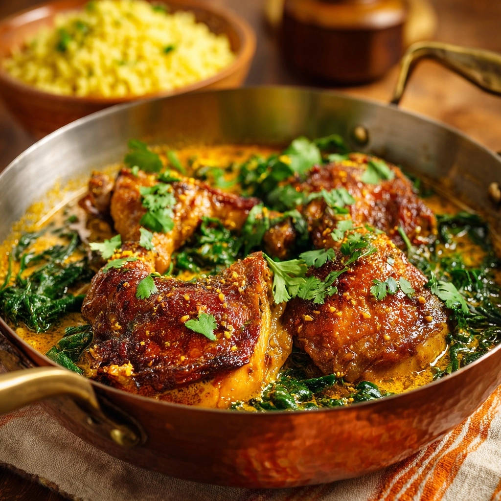 Golden Chicken & Greens Curry shown close-up in a copper pan with fresh cilantro garnish.