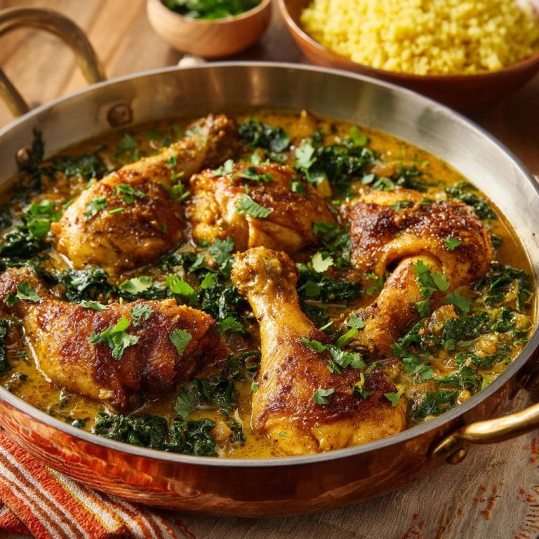 Golden Chicken & Greens Curry served in a copper pan, featuring a close-up view of the juicy chicken and vibrant greens.