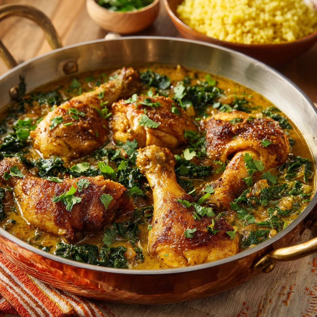Golden Chicken & Greens Curry served in a copper pan, featuring a close-up view of the juicy chicken and vibrant greens.