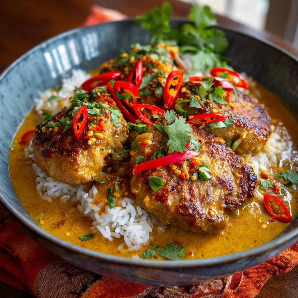 Golden curry chicken patties served over rice, generously garnished with chili slices and cilantro.