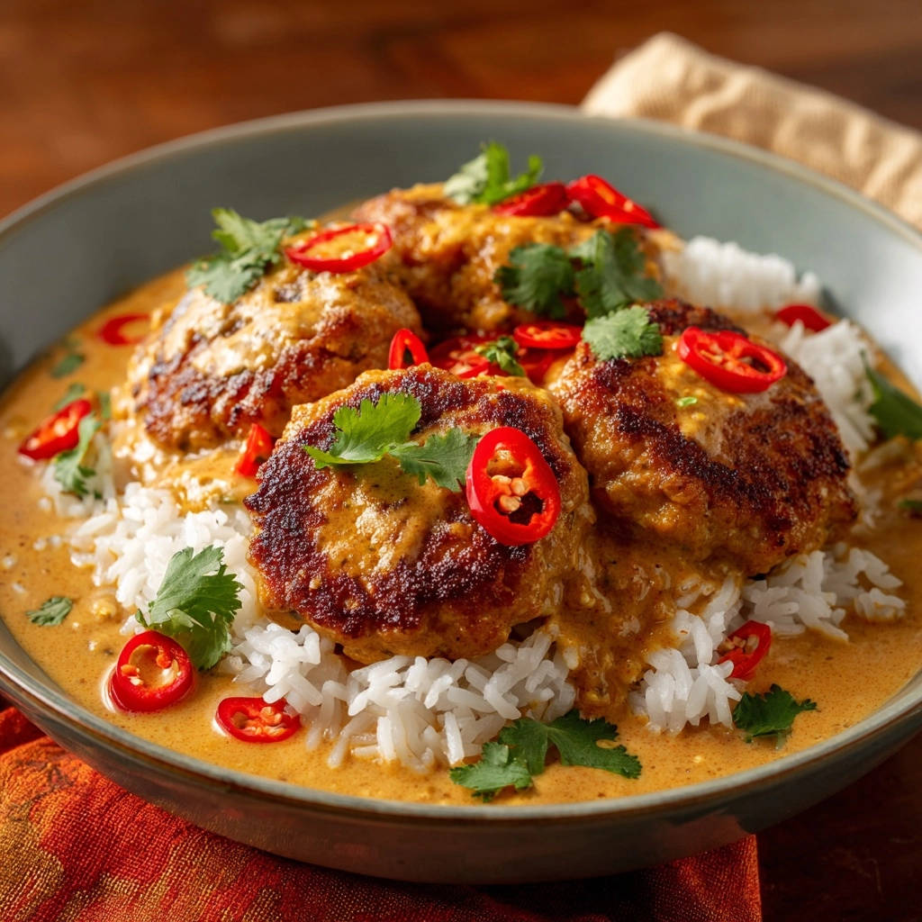 Golden curry chicken patties are served in a creamy sauce over white rice, garnished with chili slices and cilantro.