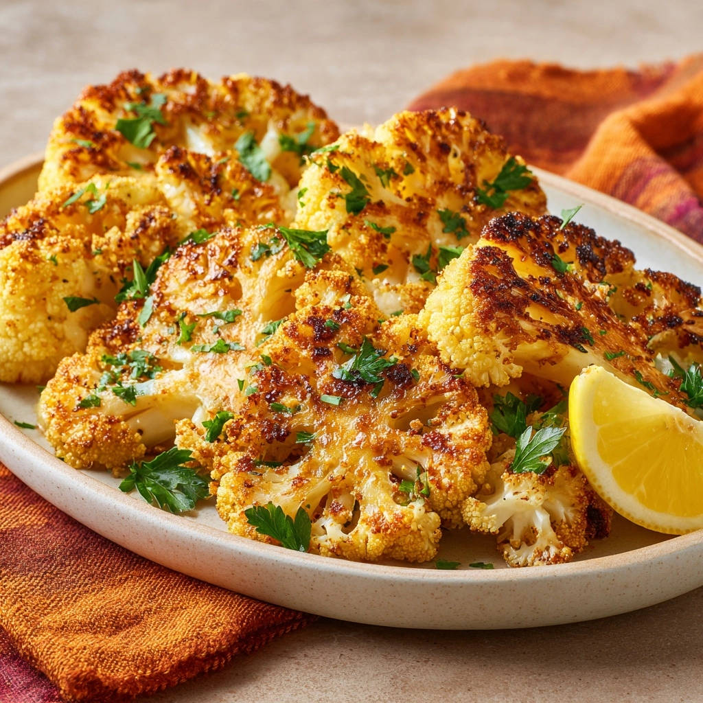 Golden roasted cauliflower served on a plate, garnished with parsley and a lemon wedge, showcasing a close-up view.