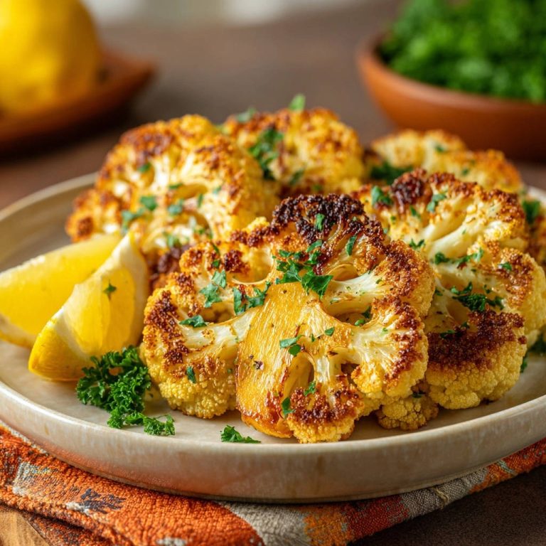 Golden roasted cauliflower served on a plate with lemon wedges and fresh parsley garnish.