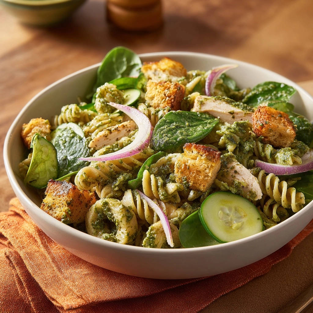 Grilled chicken pesto pasta salad presented in a bowl, showcasing rotini pasta, spinach, croutons, and red onion.