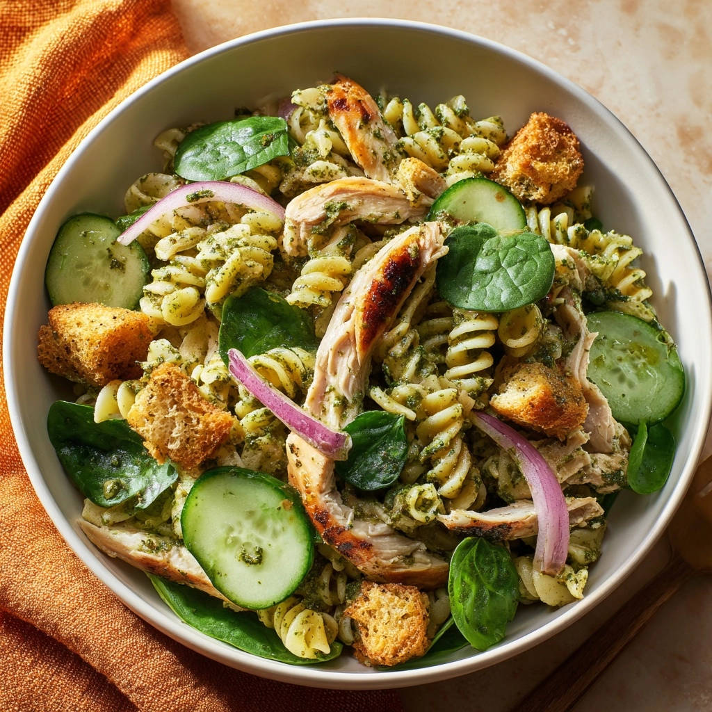 Grilled chicken pesto pasta salad presented in a white bowl, showcasing rotini pasta, chicken, cucumber, and red onion from an overhead view.