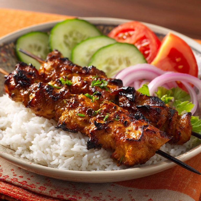 Grilled chicken skewers plated with rice and garnished with fresh vegetables and herbs.