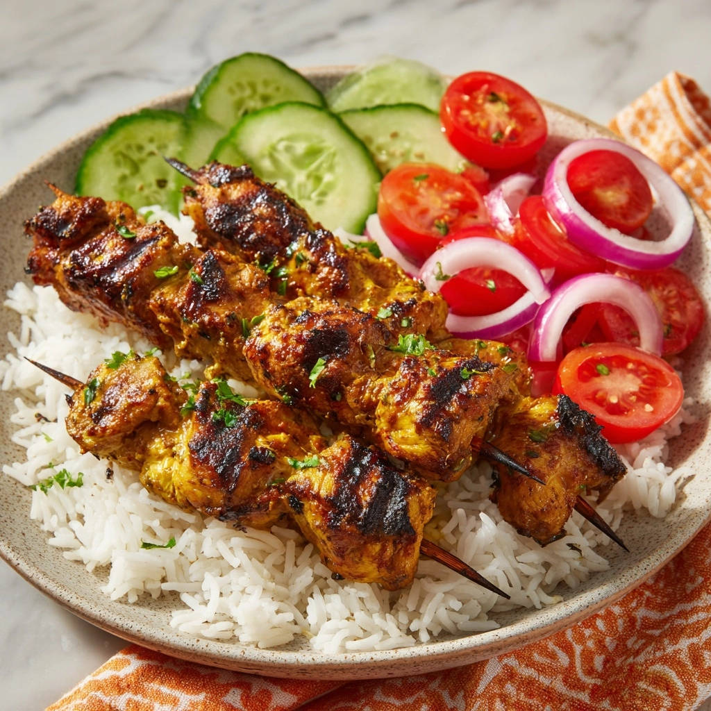 Grilled chicken skewers served with white rice, sliced cucumbers, tomatoes, and red onion.