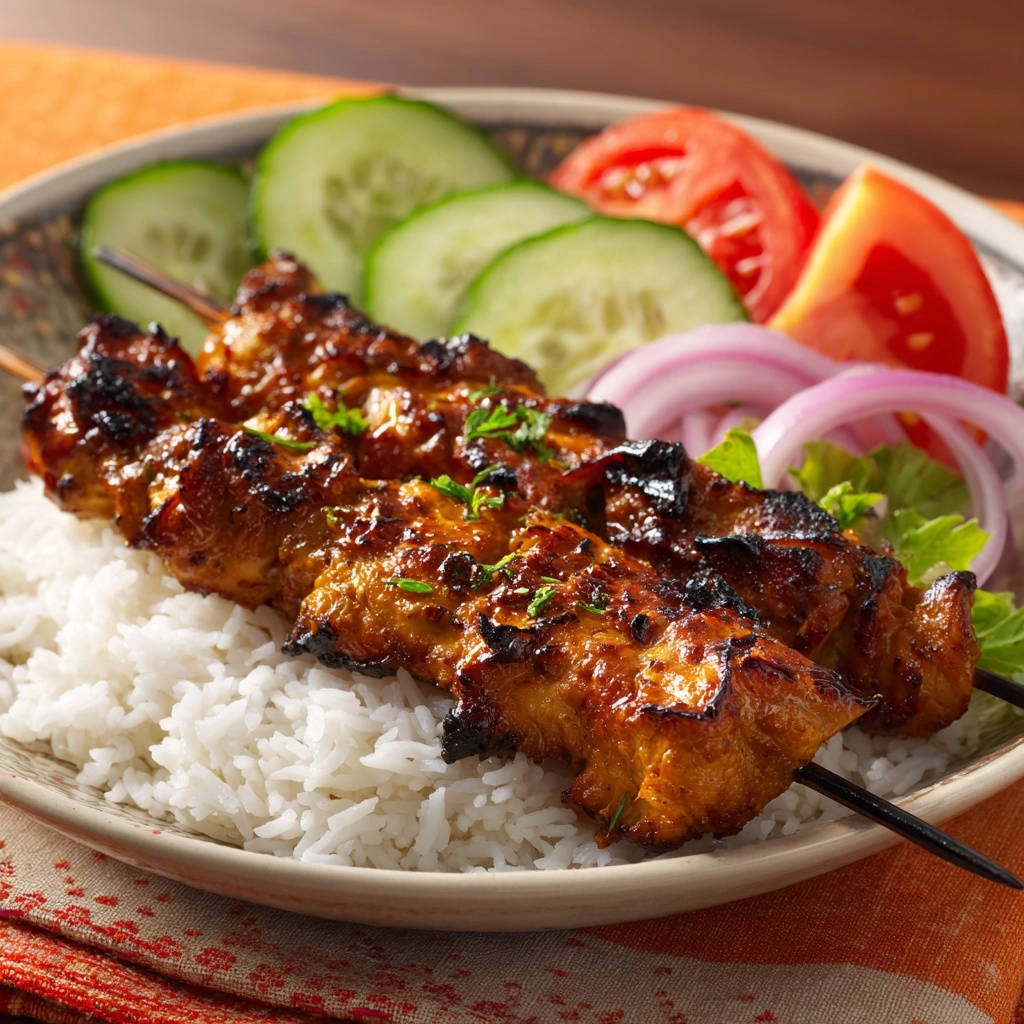 Grilled chicken skewers plated with rice and garnished with fresh vegetables and herbs.