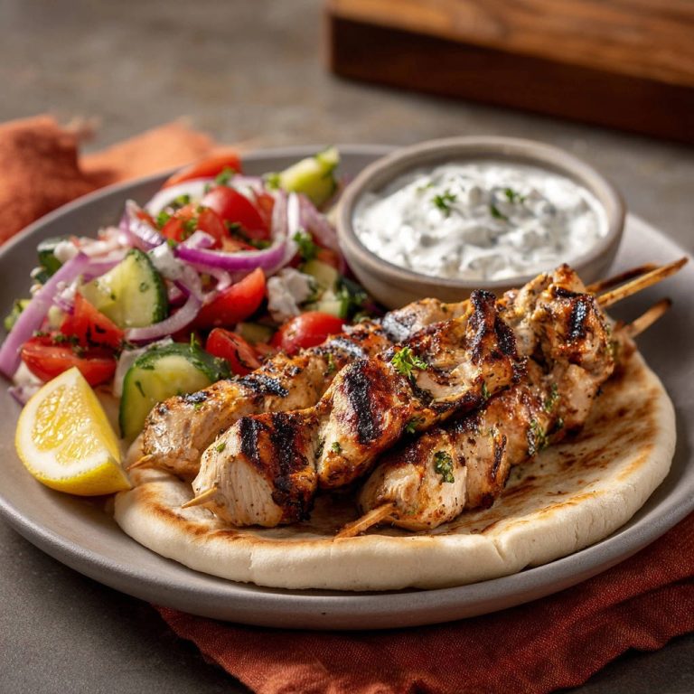 Grilled chicken souvlaki skewers plated with a fresh Greek salad and tzatziki sauce, served with lemon.