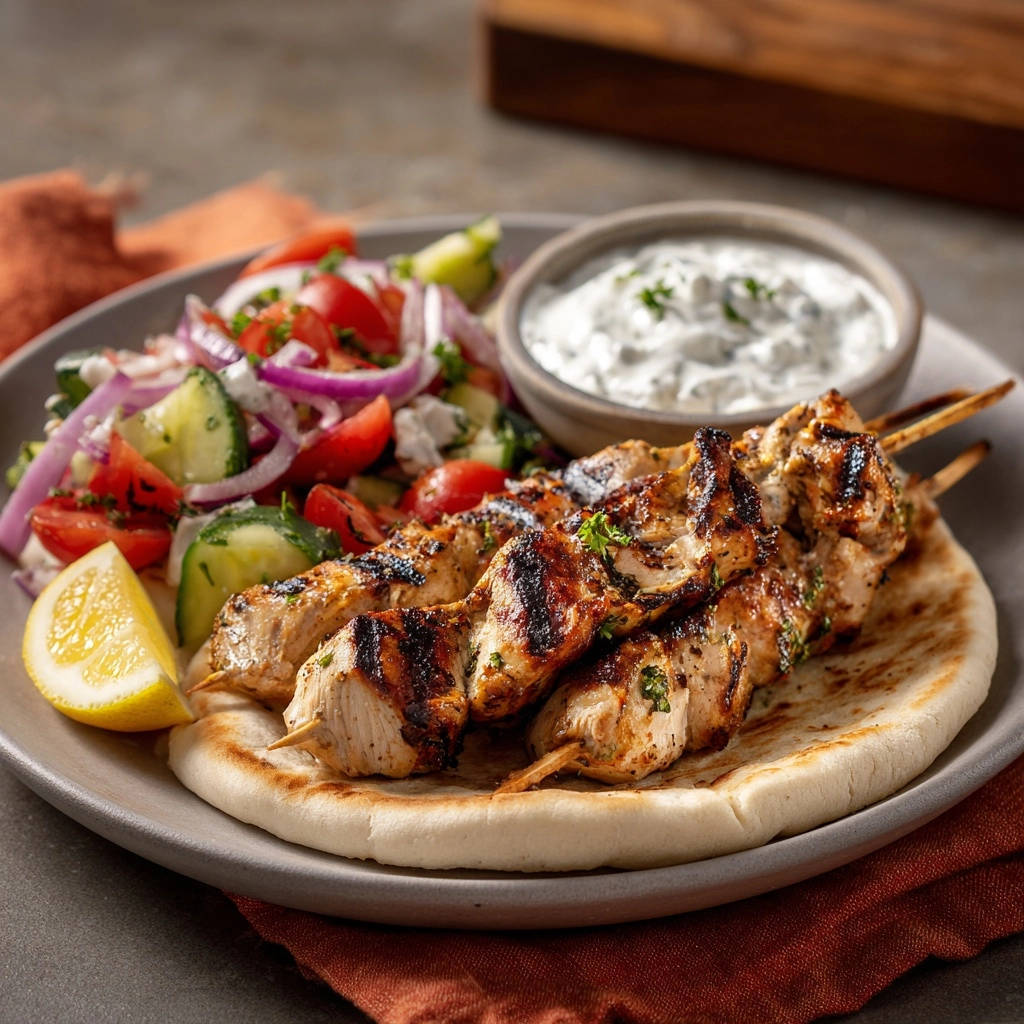 Grilled chicken souvlaki skewers plated with a fresh Greek salad and tzatziki sauce, served with lemon.