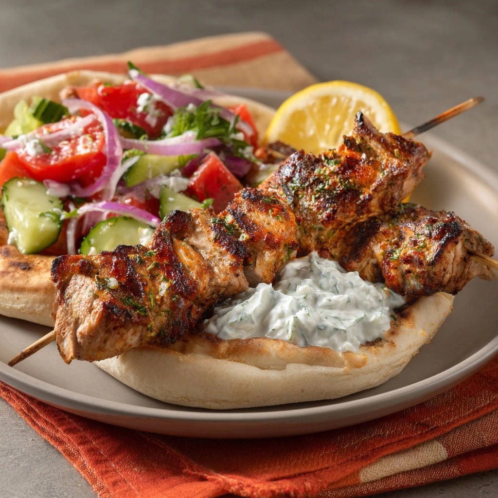Grilled chicken souvlaki skewers plated with a side of tzatziki sauce and Greek salad.