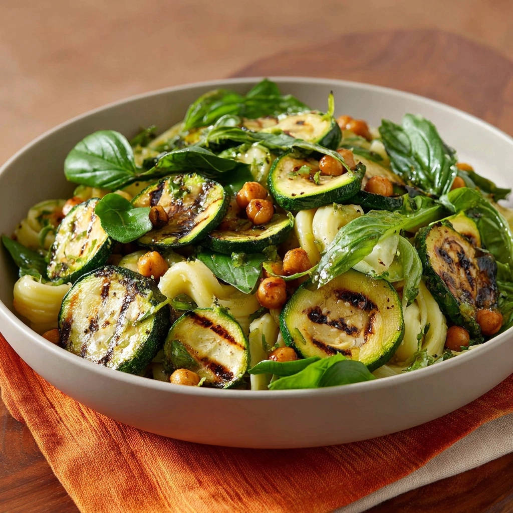 Grilled zucchini and gnocchi with crispy chickpeas served in a bowl, showcasing a close-up view of the textures.
