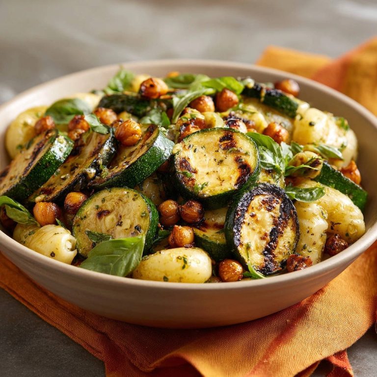 Grilled zucchini and gnocchi with crispy chickpeas in a bowl, showcasing a close-up view with fresh basil garnish.