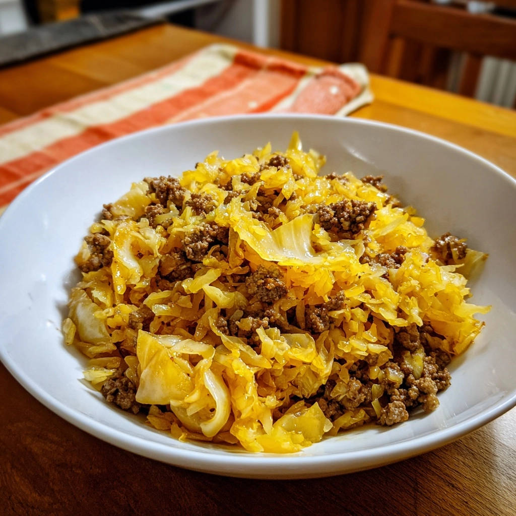 Ground beef and cabbage skillet served in a white bowl, showing a close-up view of the mixed ingredients.
