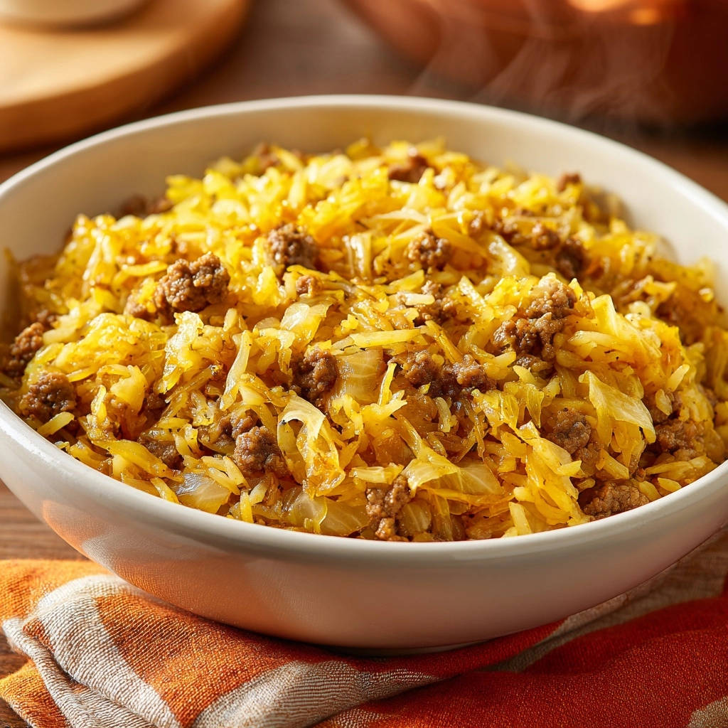Ground Beef & Cabbage Skillet served steaming hot in a white bowl, showcasing the savory mixture.