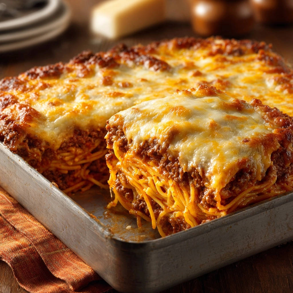 Hearty baked spaghetti casserole showing a thick cross-section slice with layers of pasta and meat sauce.