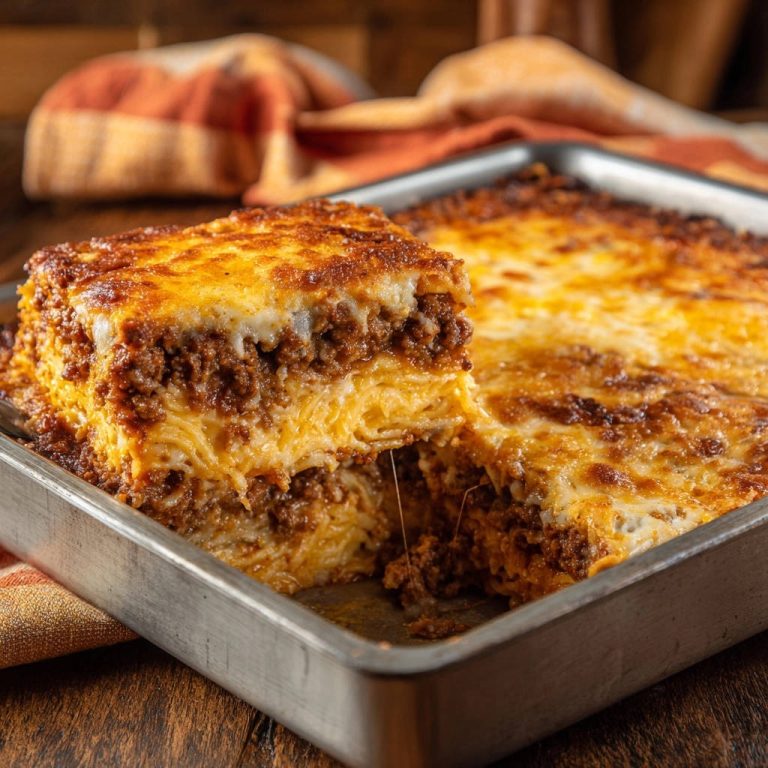 Hearty baked spaghetti casserole showing a close-up cross-section with layers of pasta, meat sauce, and cheese.