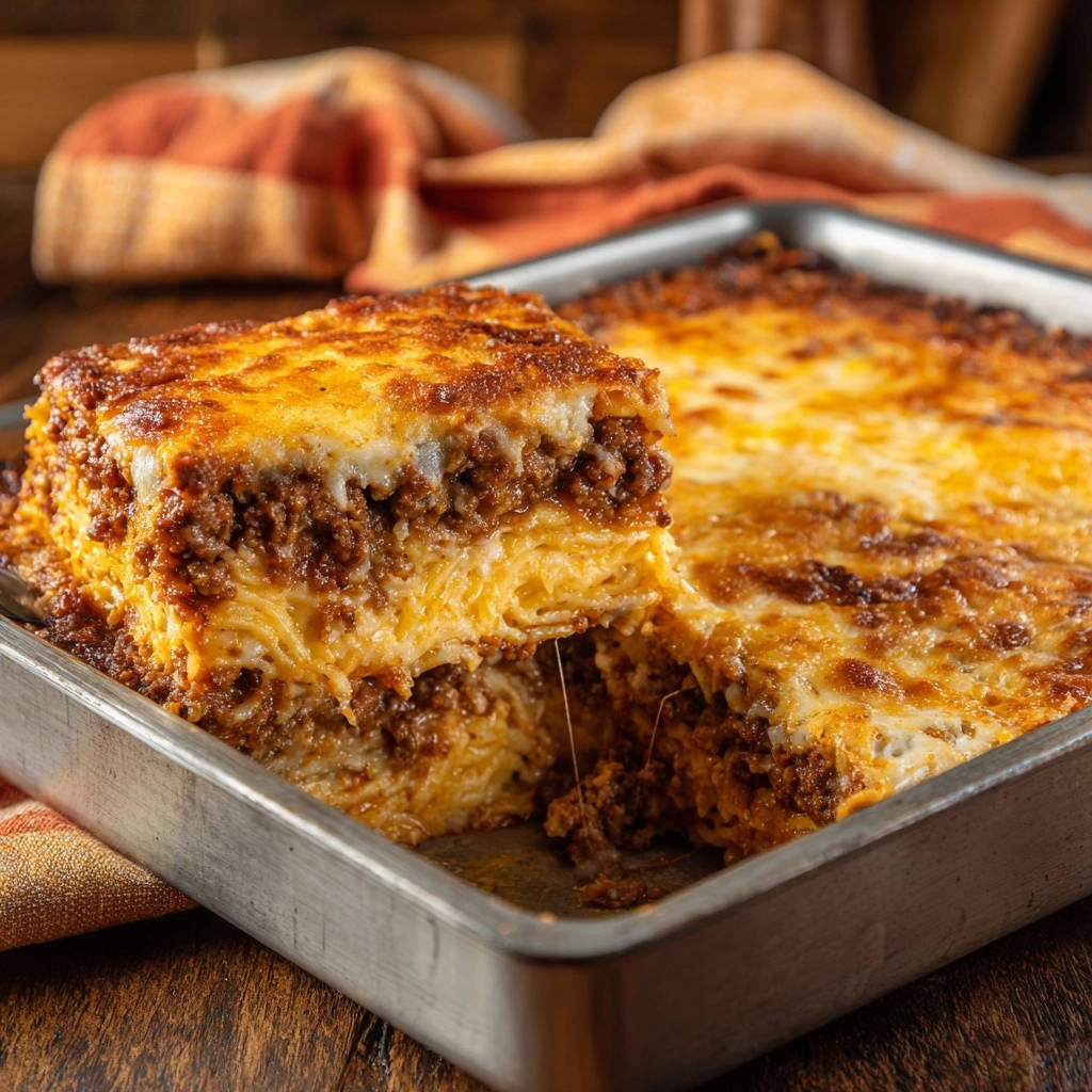 Hearty baked spaghetti casserole showing a close-up cross-section with layers of pasta, meat sauce, and cheese.
