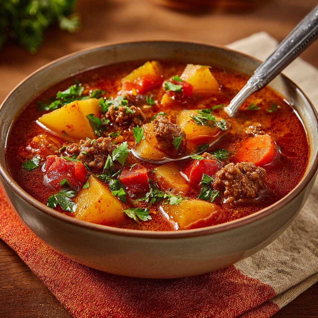 Hearty beef & potato stew in a rustic bowl, showing tender chunks of potato, beef, and carrots with fresh parsley garnish.