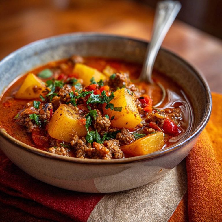 Hearty beef and potato stew shown in a close-up view of a rustic bowl with a spoon.