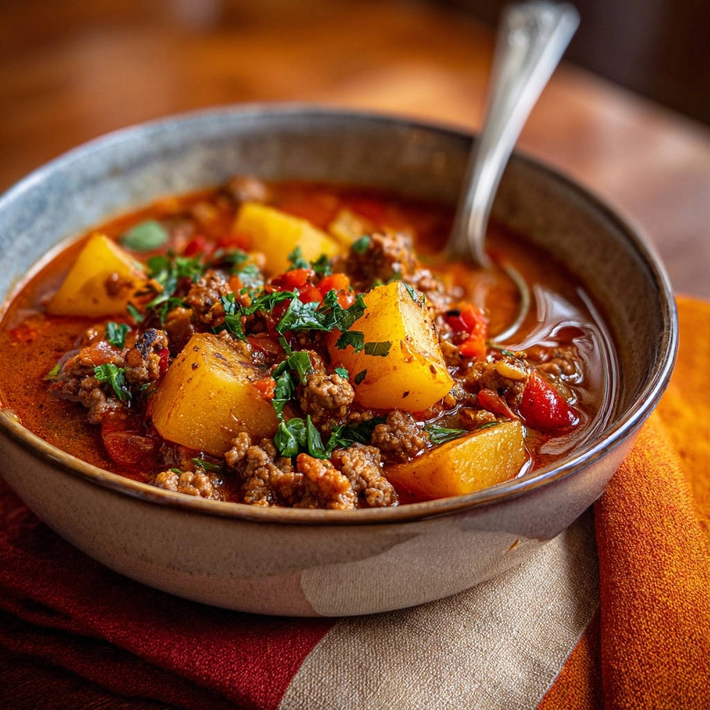 Hearty beef and potato stew shown in a close-up view of a rustic bowl with a spoon.