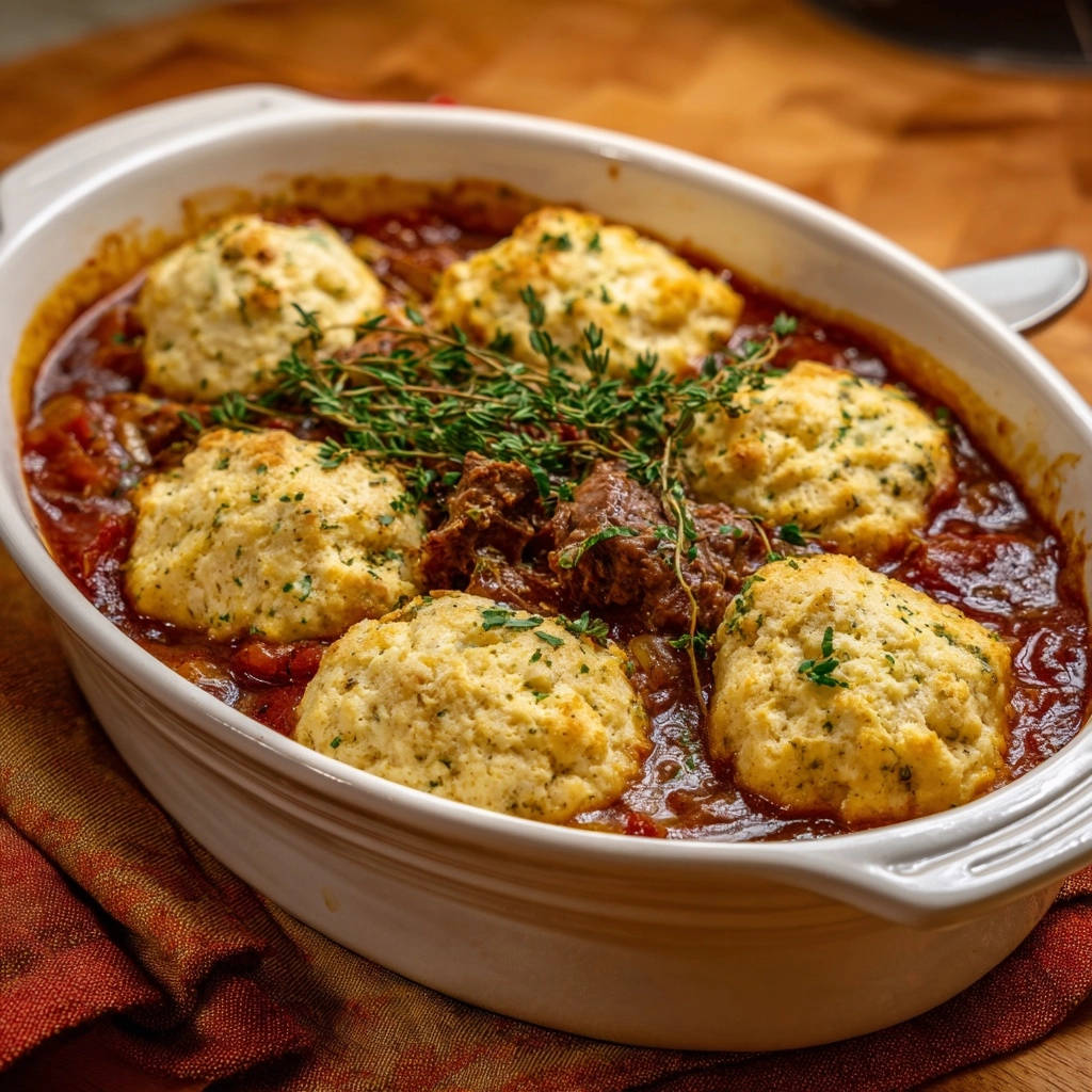 Hearty beef stew with dumplings, a close-up view of the rustic dish in a white baking dish.