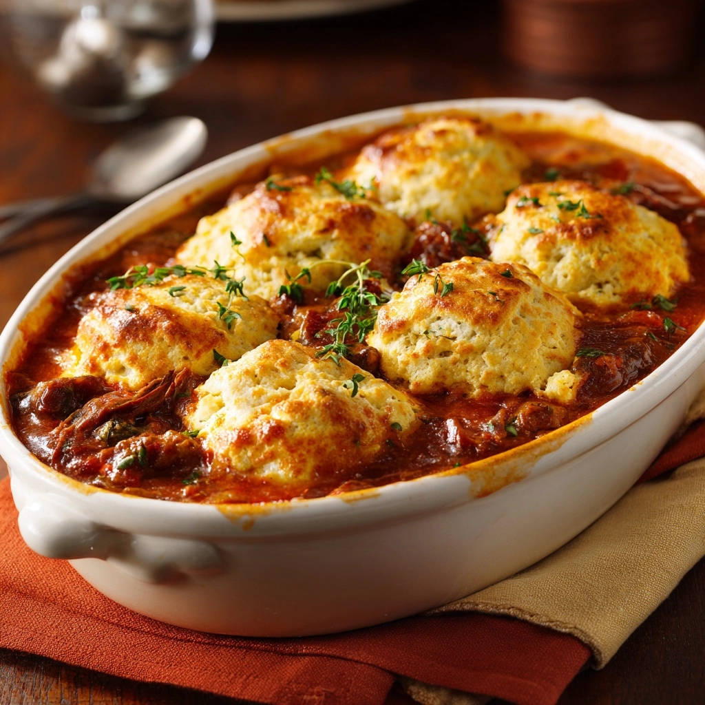 Hearty beef stew with dumplings, topped with fresh thyme garnish in a white oval baking dish.