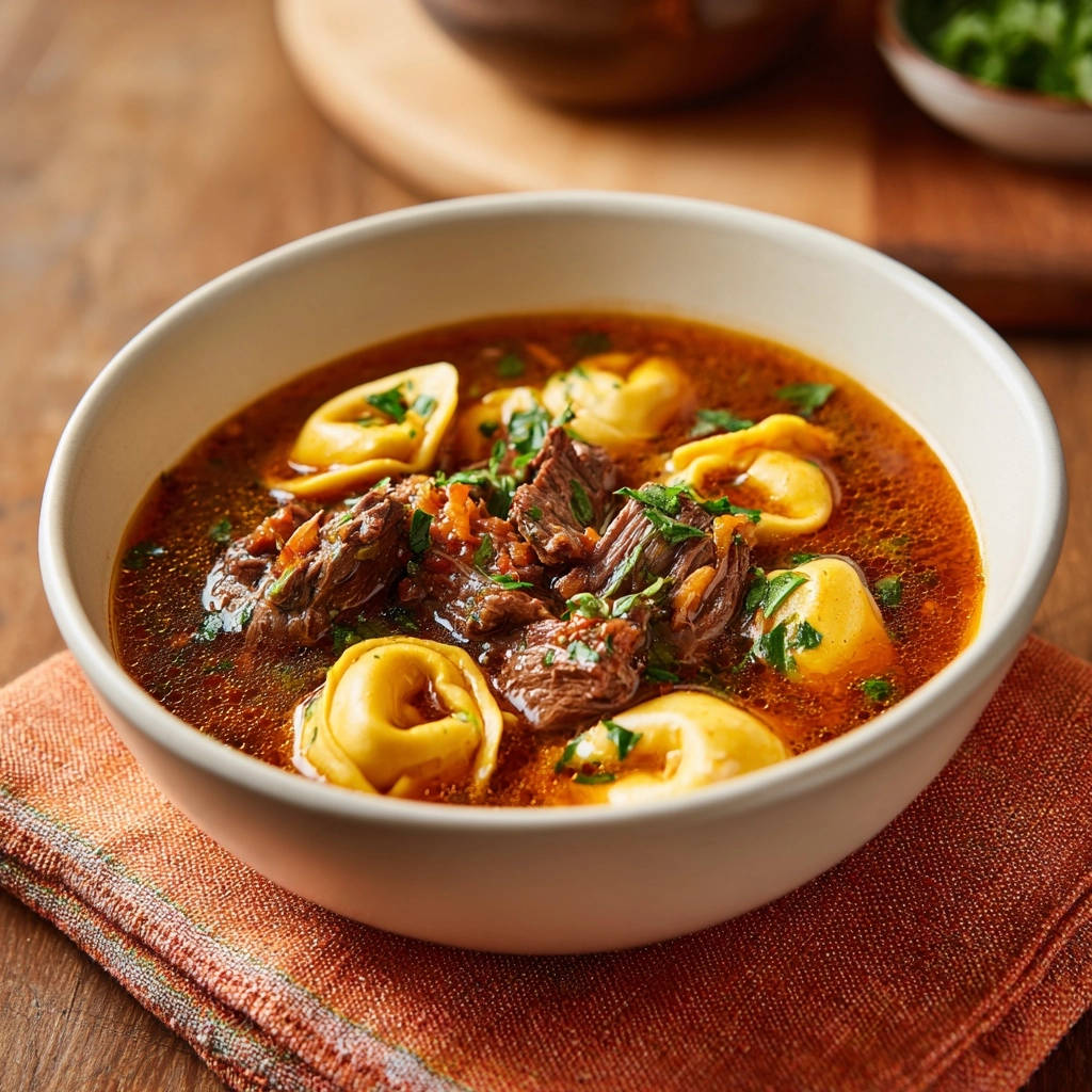 Hearty Beef & Tortellini Soup shown in a close-up view of a rustic bowl filled with broth, pasta, and tender beef.