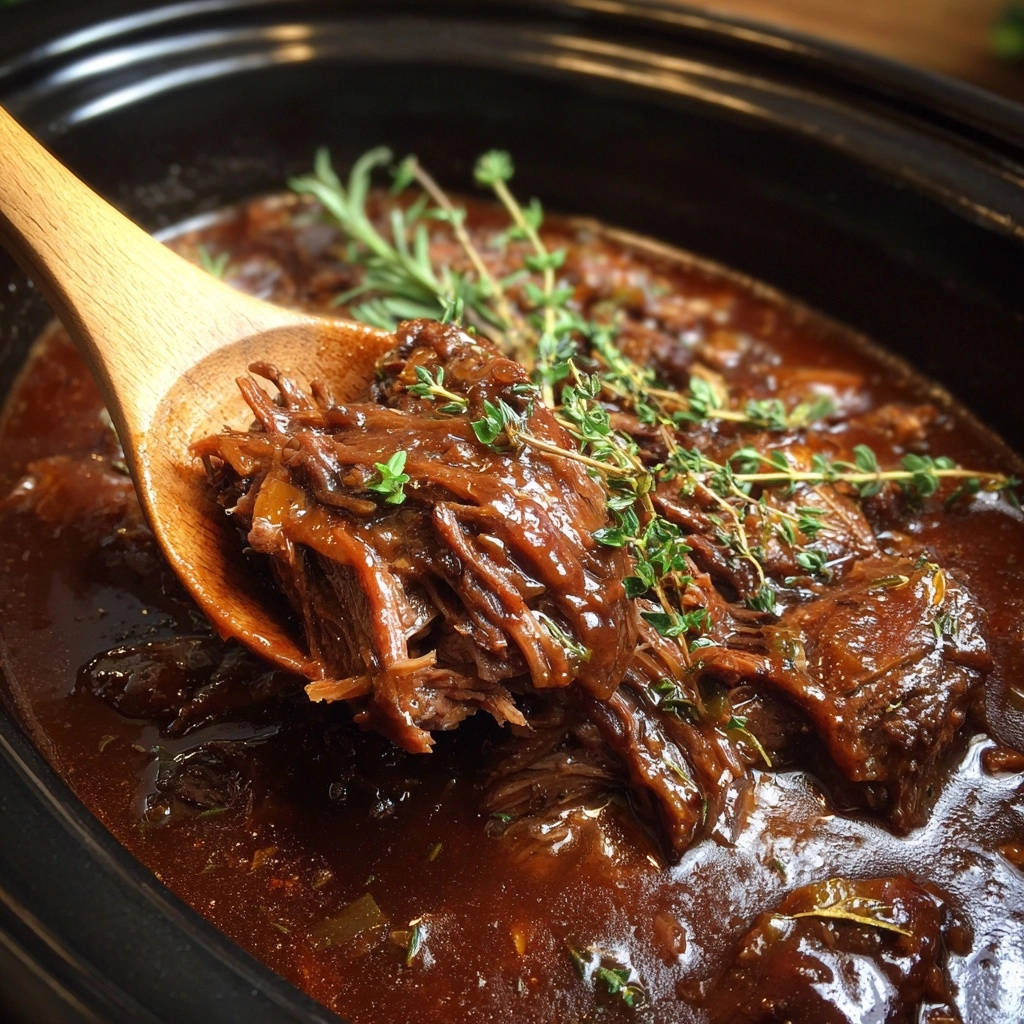 Hearty braised beef shown on a wooden spoon, with a close-up view of the tender, shredded meat and rich sauce.
