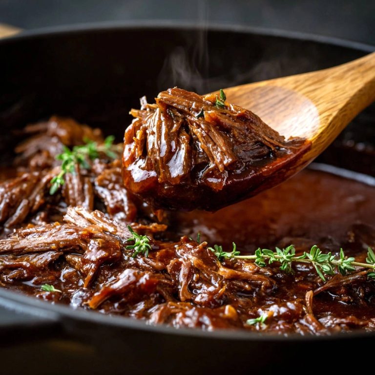 Hearty braised beef being scooped with a wooden spoon, showcasing its tender, shredded texture and rich sauce.