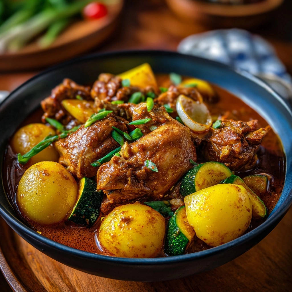 Hearty chicken & veggie braise served in a deep bowl with potatoes and zucchini.