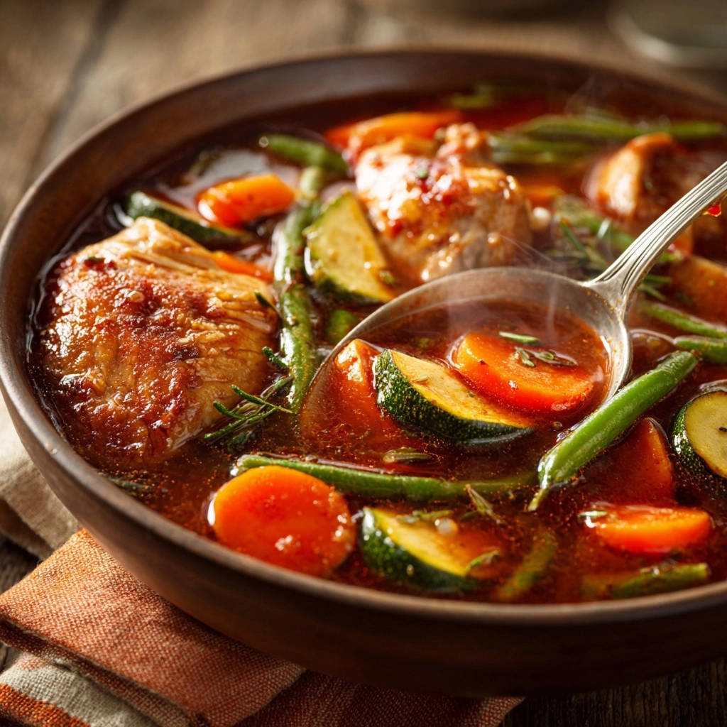 Hearty chicken and veggie stew with a spoonful of tender carrots and zucchini in rich broth