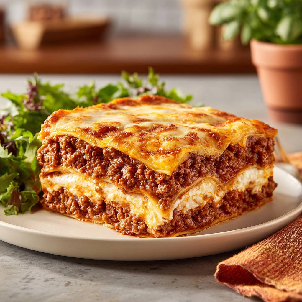 Hearty Classic Lasagna cross-section slice showing layers of pasta, meat sauce, and cheese, served with a side salad.